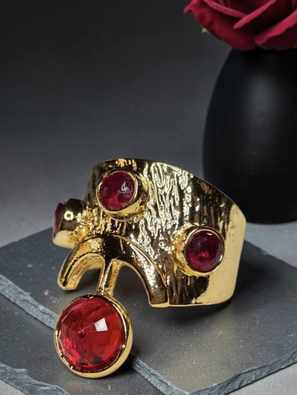 18k Gold Plated Artisan Tree Bark Textured Ruby Crystal Cab Ring